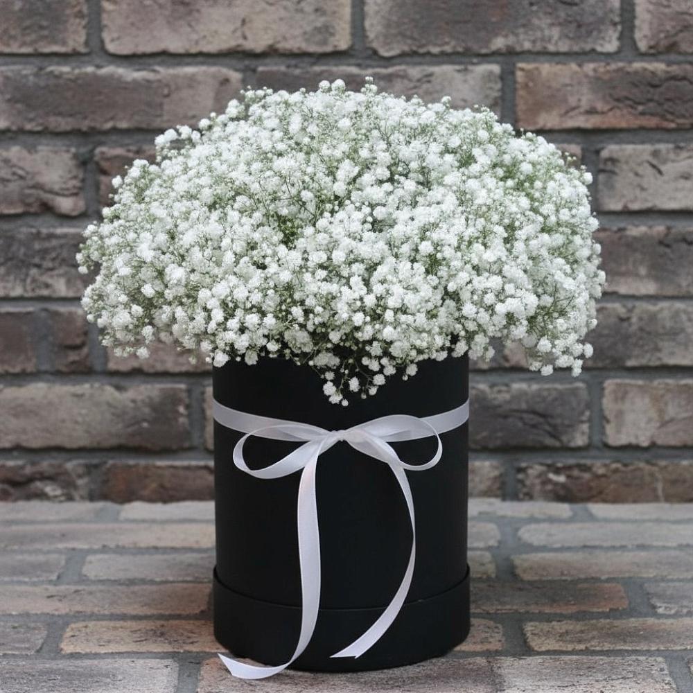 Композиция коробка гипсофил в Костроме Цветочная композиция из Гипсофила в шляпной коробке в Костроме