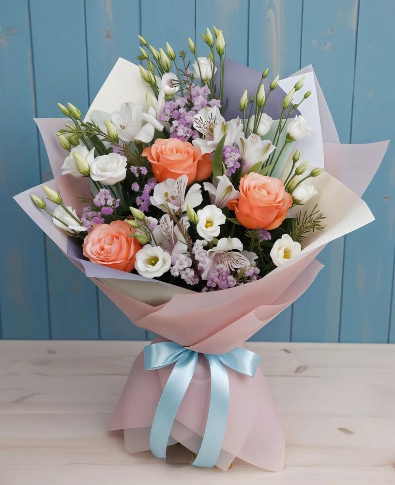 Букет цветов из: Лизиантусы, Розы, Альстромерии и Гипсофила в Костроме
