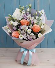 Букет Утренняя свежесть в Костроме Букет цветов из:  Лизиантусы, Розы, Альстромерии и Гипсофила в Костроме