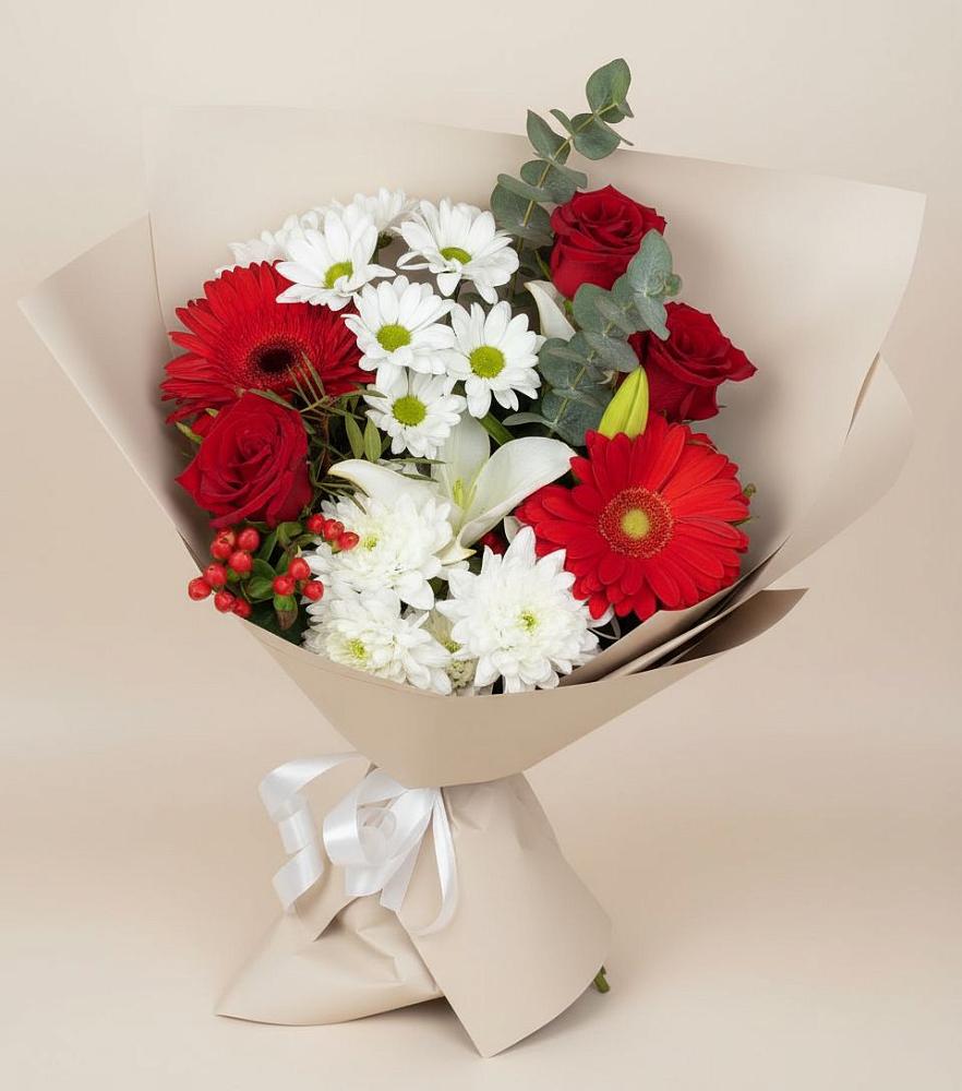 Букет поцелуй лета в Костроме Букет цветов из: Розы, Хризантемы, Герберы и Лилии в Костроме
