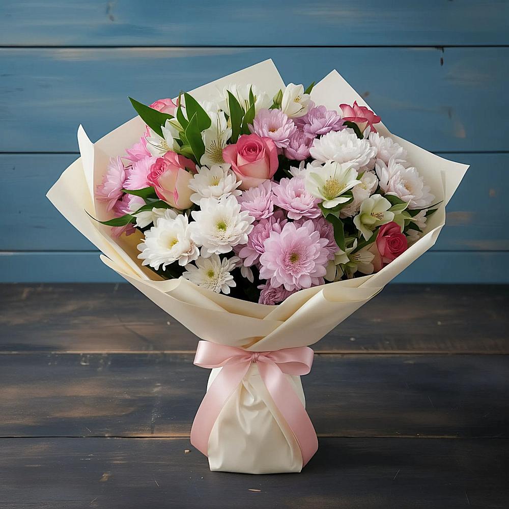 Букет Розовое очарование в Костроме Букет цветов из: Хризантемы, Альстромерии и Розы в Костроме